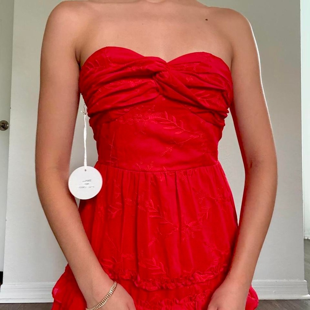 NWTs Luxxel Strapless Red Ruffled Tier Maxi Dress